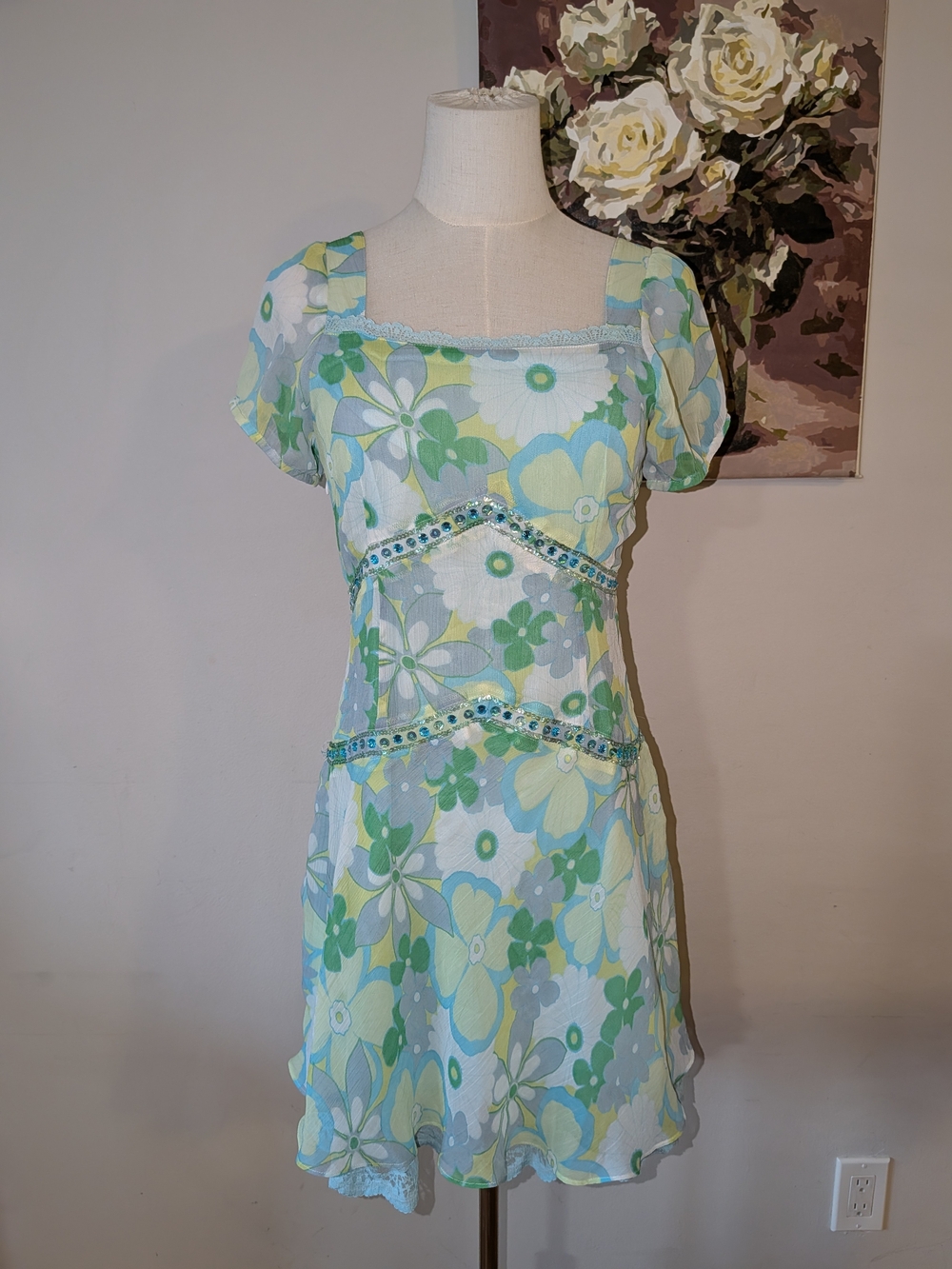Y2K Style Pastel Blue & Green Patterned Mini With Sequin Detail